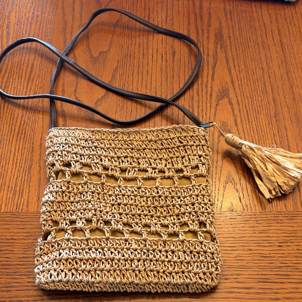 JJill Handcrafted Tan Crochet Crossbody Bag